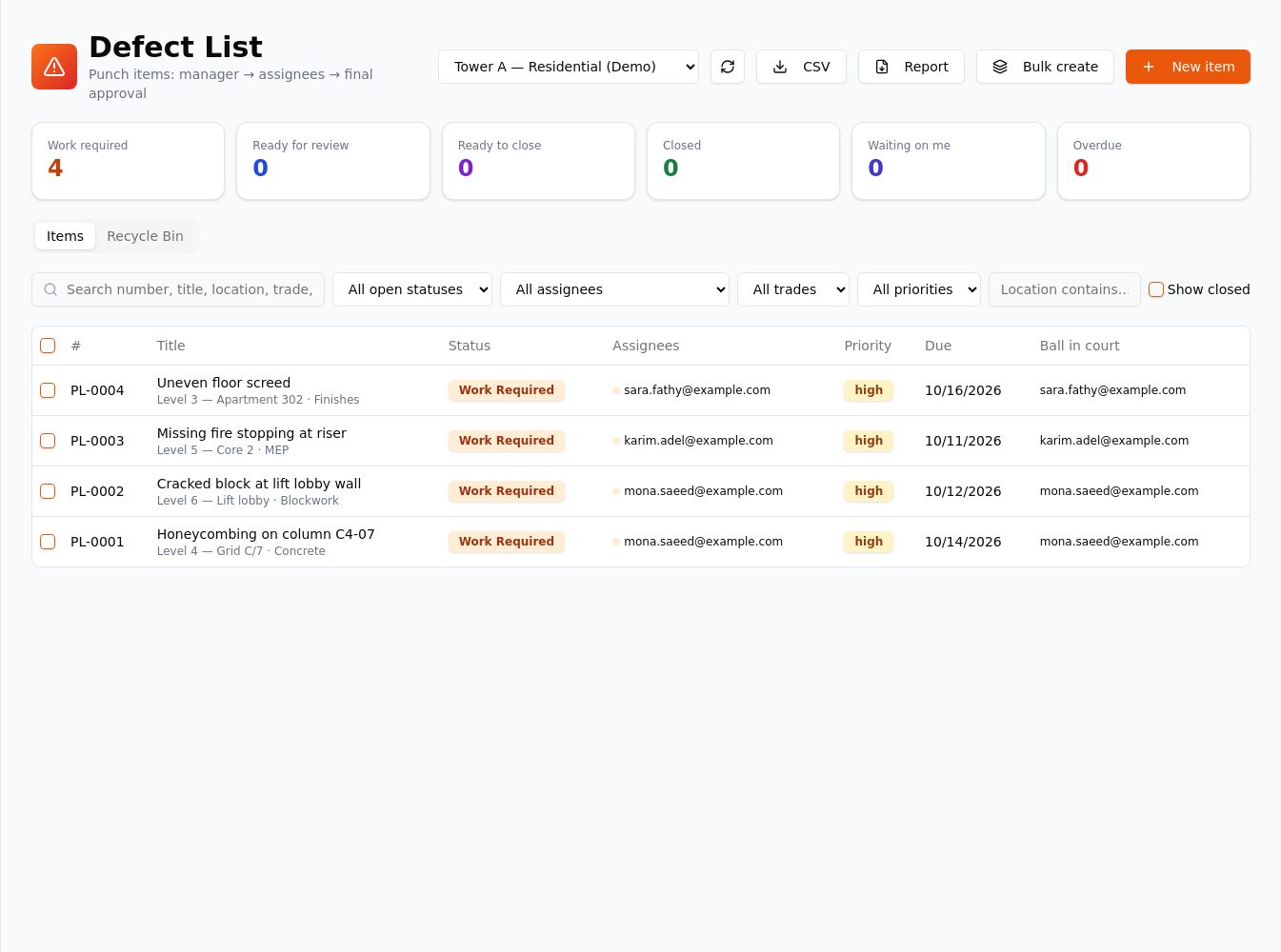 Defect list with assignees and due dates